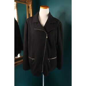 Chicos Black Moto Zip Jacket Women's 3 Waffle Knit Leopard Liner Grunge Goth